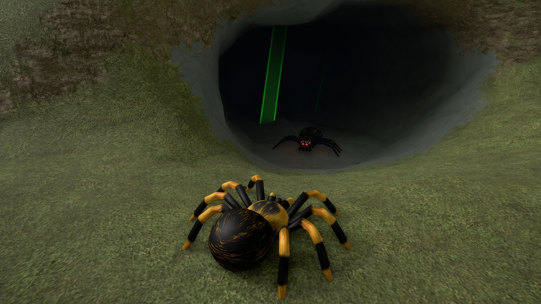 A black and yellow spider approaches a dark cave where a red-eyed spider lurks inside, showing exploration and danger in Bug Evolution.